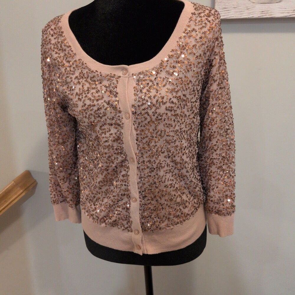 American Eagle Outfitters Women’s S Beige/Gold Sequin Button Cardigan Sweater M
